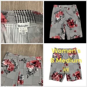 Women's Patchington 8 Medium Houndstooth Rose Shorts Bermuda Pull On Stretch New